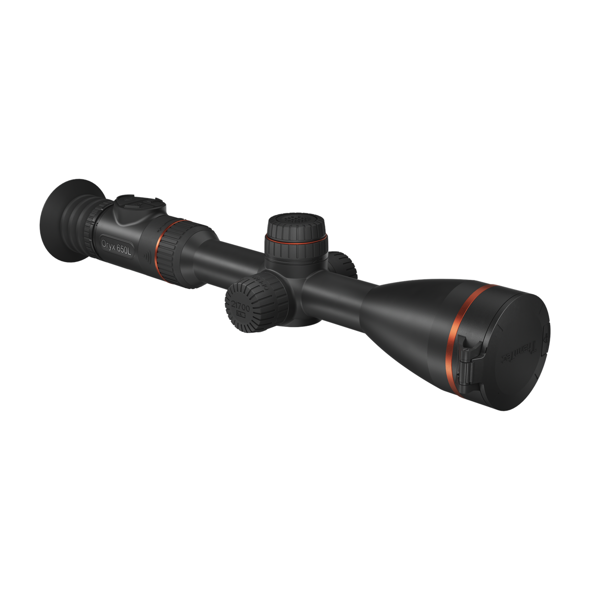 ThermTec Oryx 650L thermal tube scope in black with orange rings, three-quarter view with lens cap on