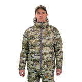 Man modelling the Spika Terra men's puffer jacket in Biarri Camo with a matching cap, front view