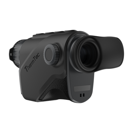 ThermTec Cyclone 315 thermal monocular, rear three-quarter view of eyepiece and side dial