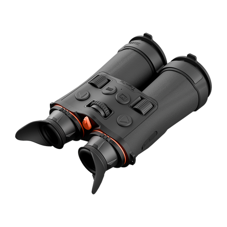 ThermTec Ventus 335L multi-spectrum binoculars, rear three-quarter view of eyecups and top controls from the right