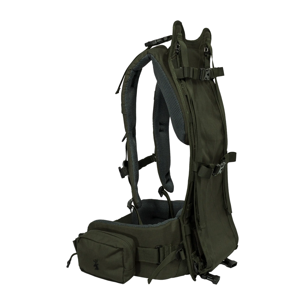 Spika Drover II Hauler Frame only in Olive Summit, side view showing harness, frame and hip belt pocket