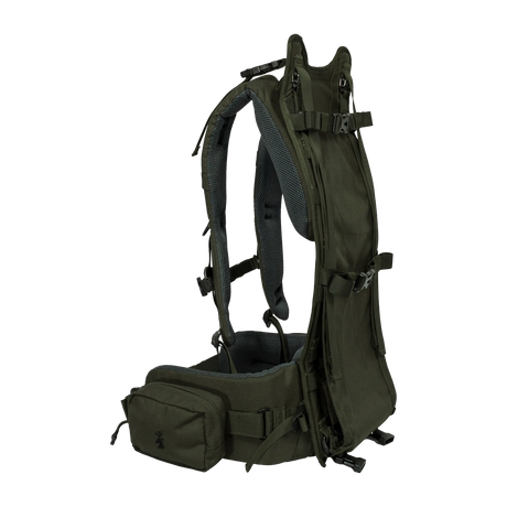 Spika Drover II Hauler Frame only in Olive Summit, side view showing harness, frame and hip belt pocket