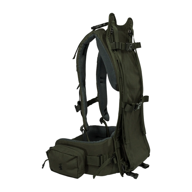 Spika Drover II Hauler Frame only in Olive Summit, side view showing harness, frame and hip belt pocket