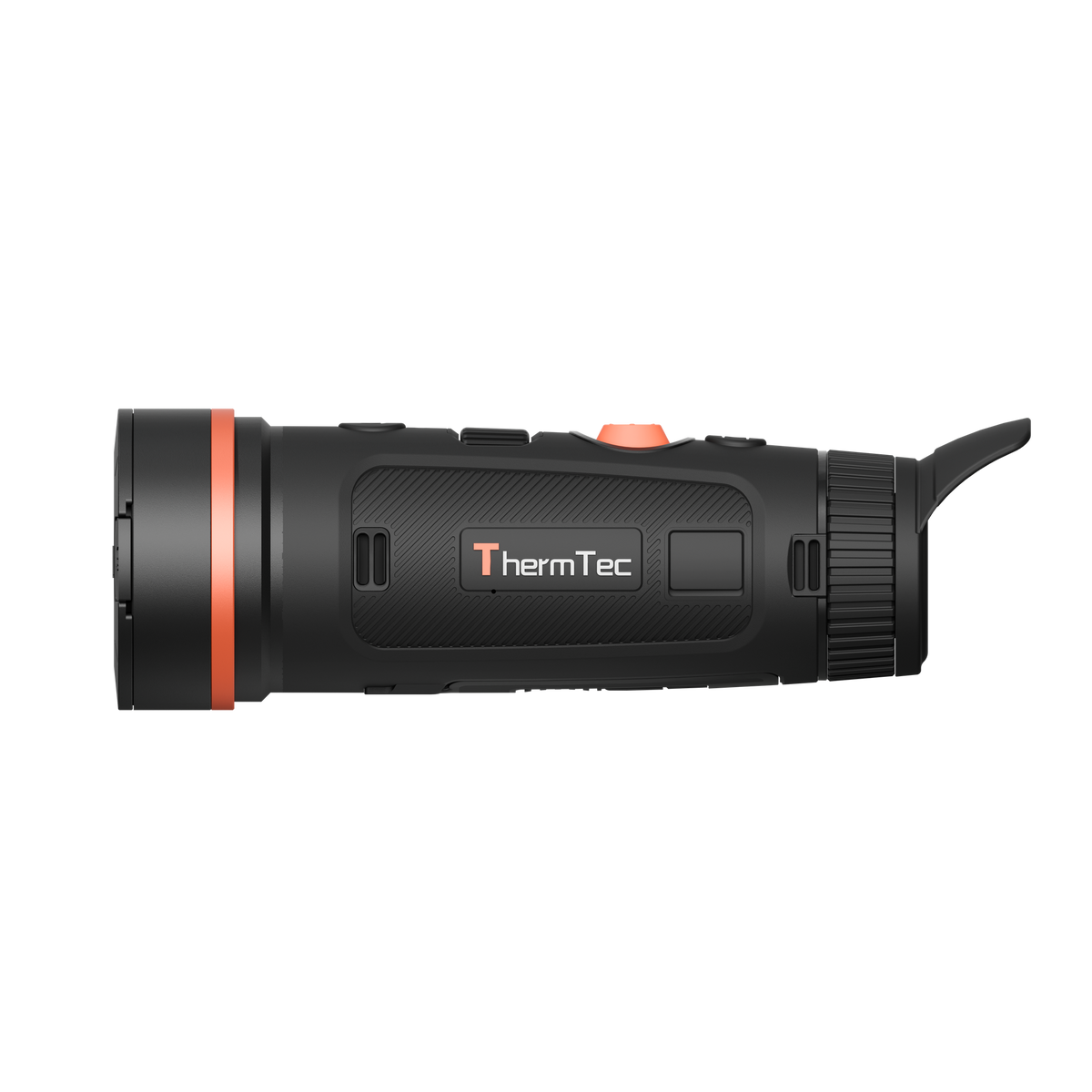ThermTec Wild 650L Pro thermal monocular, side profile showing the ThermTec logo and long eyecup