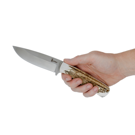 Spika Bushmaster Ol'Boy fixed blade knife held in hand to show grip and blade size
