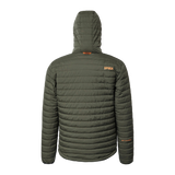 Spika Chase men's Olive puffer jacket, back view with orange Spika logo on the shoulder