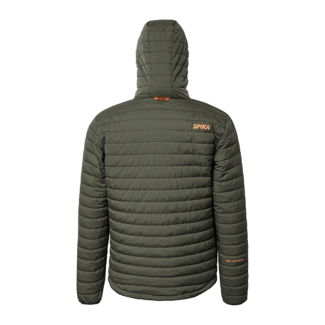 Spika Chase men's Olive puffer jacket, back view with orange Spika logo on the shoulder
