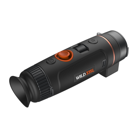 ThermTec Wild 335L thermal monocular, rear three-quarter view of eyecup, focus ring and controls