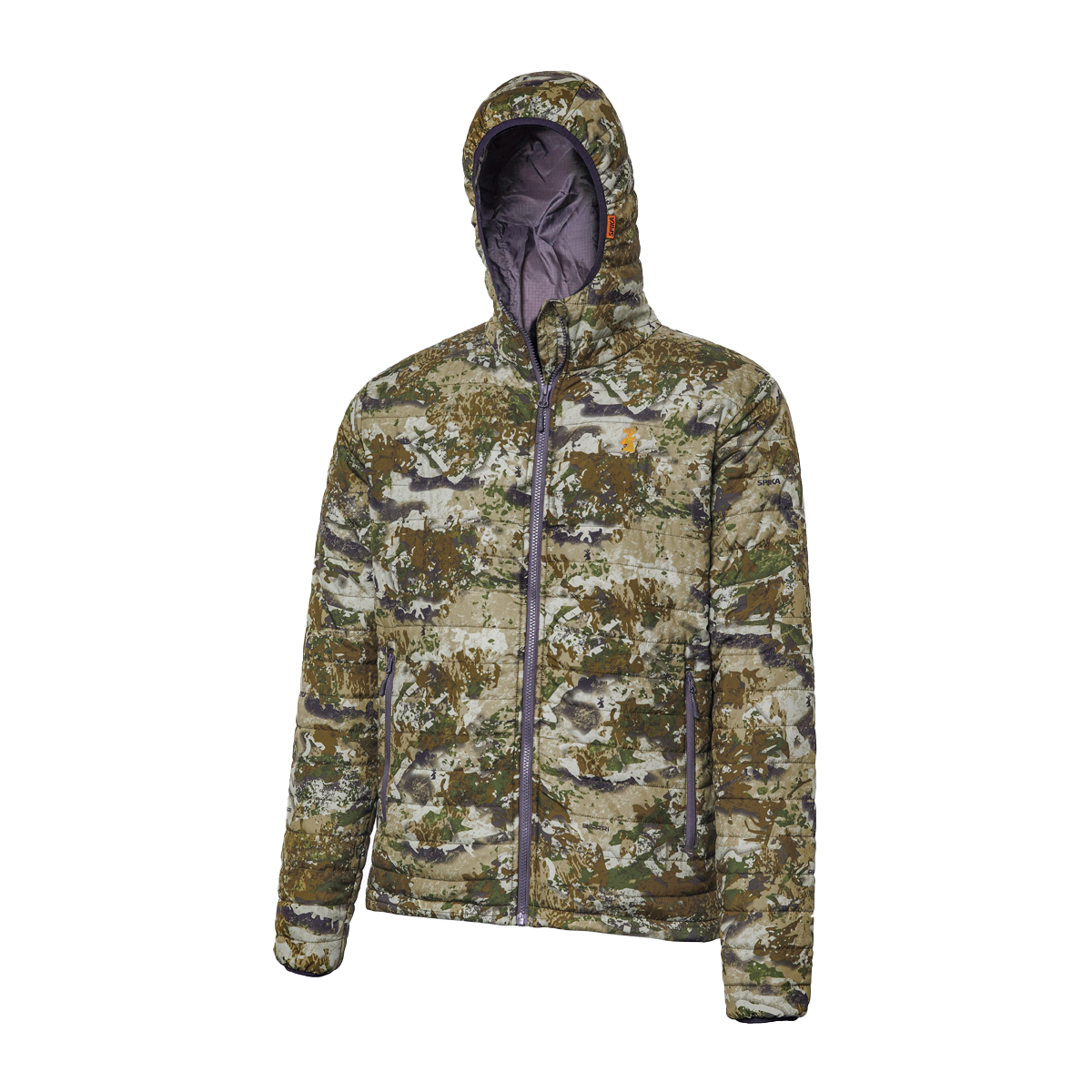 Spika Chase men's Biarri Camo puffer jacket, three-quarter view of the hood and quilting