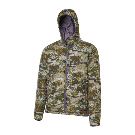 Spika Chase men's Biarri Camo puffer jacket, three-quarter view of the hood and quilting