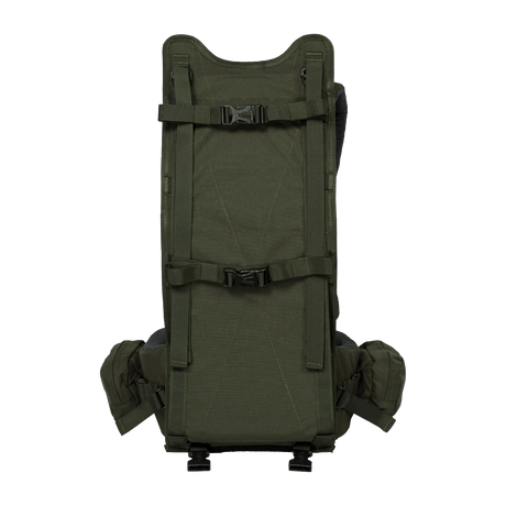 Spika Drover II Hauler frame in Olive Summit, front load face with compression straps, pack removed
