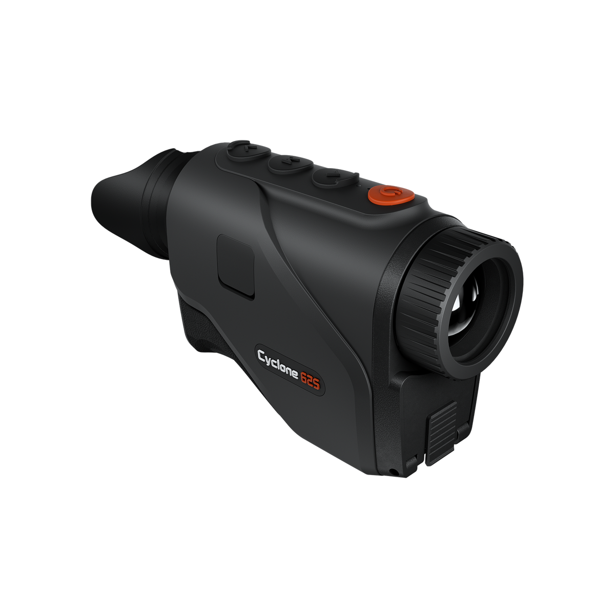 ThermTec Cyclone 625 thermal monocular, front three-quarter view of lens and orange power button