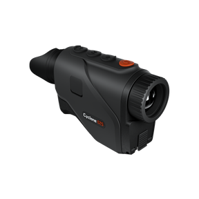 ThermTec Cyclone 625 thermal monocular, front three-quarter view of lens and orange power button