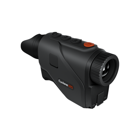 ThermTec Cyclone 625 thermal monocular, front three-quarter view of lens and orange power button