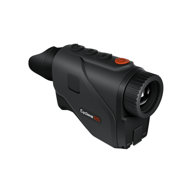 ThermTec Cyclone 625 thermal monocular, front three-quarter view of lens and orange power button