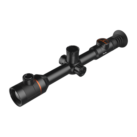 ThermTec Ares 335 2.0 thermal tube scope in black, three-quarter rear view with focus ring