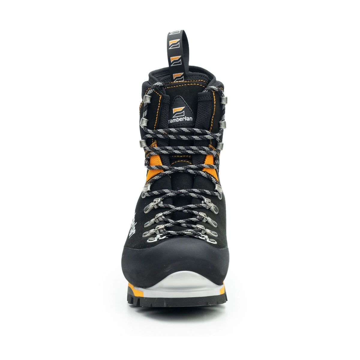 Zamberlan 2090 Mountain Pro Evo GTX men's mountaineering boot in black and orange, front view of toe rand and lacing