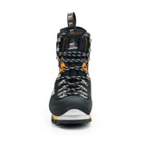 Zamberlan 2090 Mountain Pro Evo GTX men's mountaineering boot in black and orange, front view of toe rand and lacing