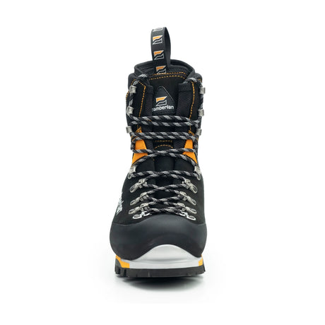 Zamberlan 2090 Mountain Pro Evo GTX men's mountaineering boot in black and orange, front view of toe rand and lacing
