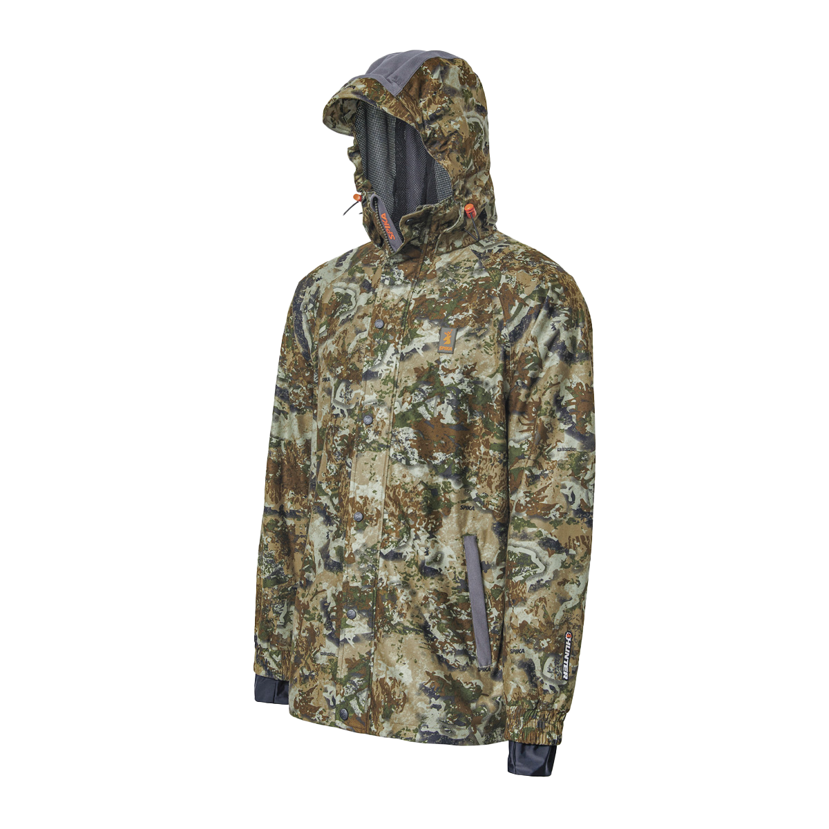 Spika Valley men's hunting jacket in Biarri Camo, three-quarter side view with grey-lined hood
