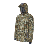 Spika Valley men's hunting jacket in Biarri Camo, three-quarter side view with grey-lined hood