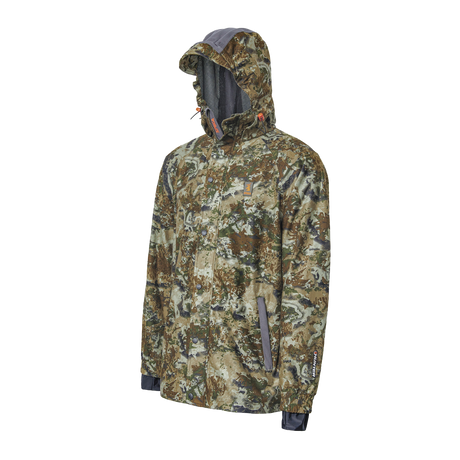 Spika Valley men's hunting jacket in Biarri Camo, three-quarter side view with grey-lined hood