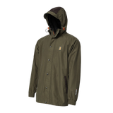 Spika Valley men's hunting jacket in Olive, three-quarter front view with adjustable hood