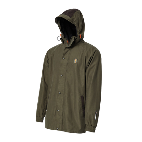 Spika Valley men's hunting jacket in Olive, three-quarter front view with adjustable hood