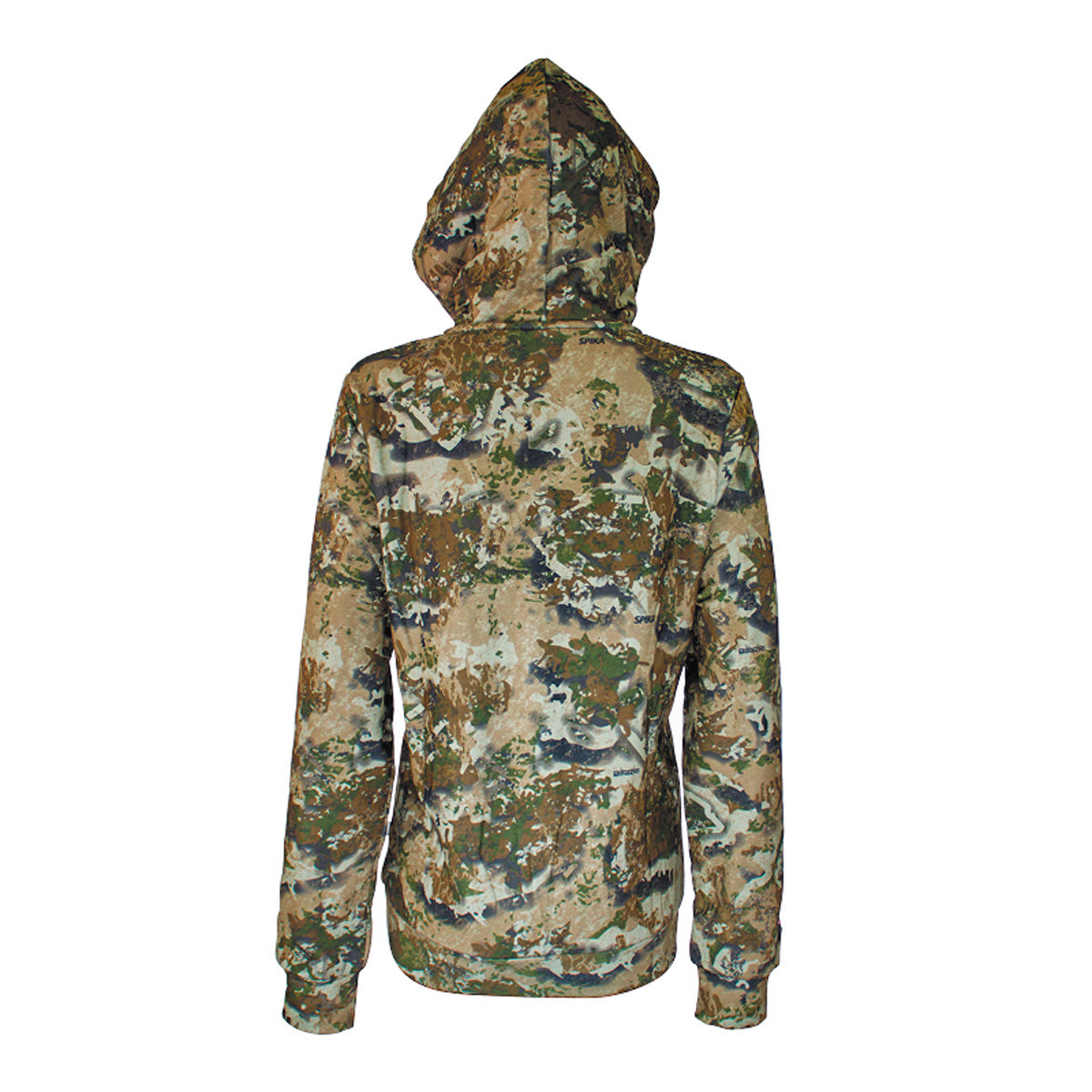 Spika GO Classic women's hoodie in Biarri Camo, back view showing full camo pattern and hood