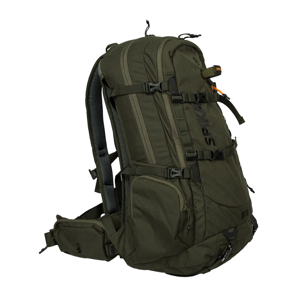 Spika Drover II Pro Pack 35L in Olive Summit, three-quarter front view with front pocket and compression straps