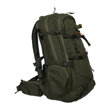 Spika Drover II Pro Pack 35L in Olive Summit, three-quarter front view with front pocket and compression straps