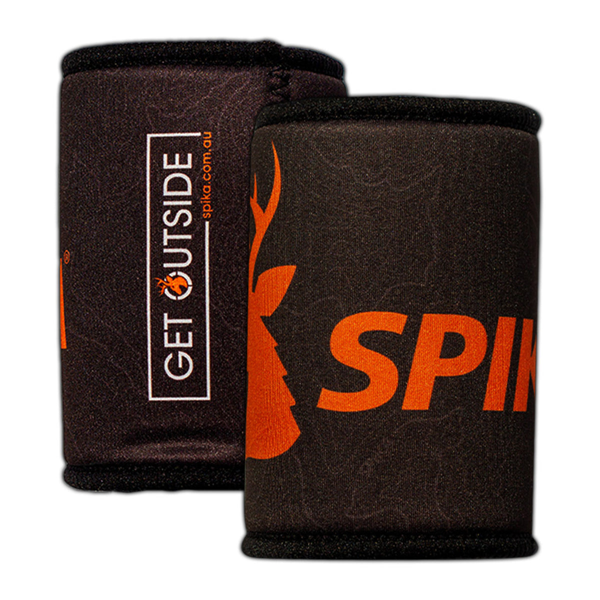 Two Spika stubby holders in brown with orange Spika stag logo and Get Outside print