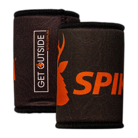 Two Spika stubby holders in brown with orange Spika stag logo and Get Outside print