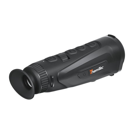 ThermTec Cyclops 635L 3.0 thermal monocular, rear three-quarter view of eyecup, top buttons and ThermTec logo