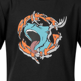 Close-up of the roaring stag and orange SPIKA lettering graphic on the GO Rogue kids' black T-shirt