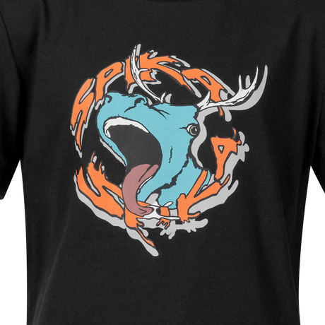 Close-up of the roaring stag and orange SPIKA lettering graphic on the GO Rogue kids' black T-shirt
