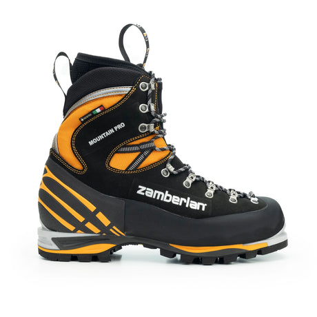Zamberlan 2090 Mountain Pro Evo GTX men's mountaineering boot in black and orange, outer side profile with Mountain Pro logo