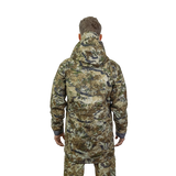 Man modelling the Spika Stalker men's hunting jacket in Biarri Camo, back view with hood down