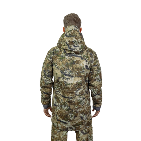 Man modelling the Spika Stalker men's hunting jacket in Biarri Camo, back view with hood down