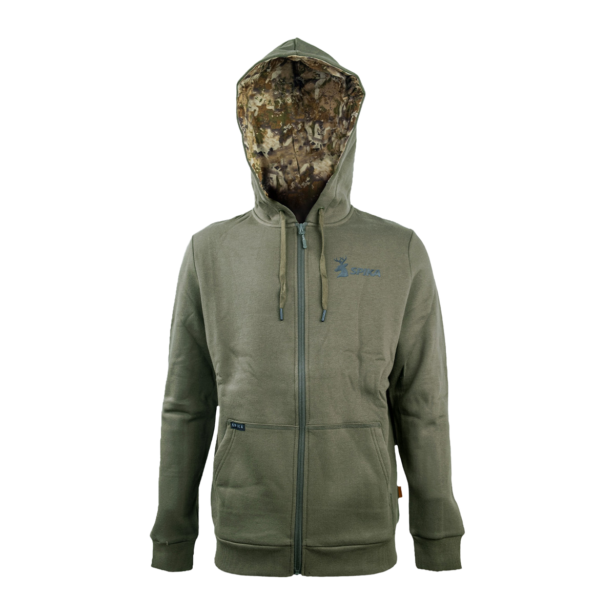 Spika GO Core olive zip-through hoodie for men, repeated front view with camo hood lining