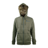 Spika GO Core olive zip-through hoodie for men, repeated front view with camo hood lining
