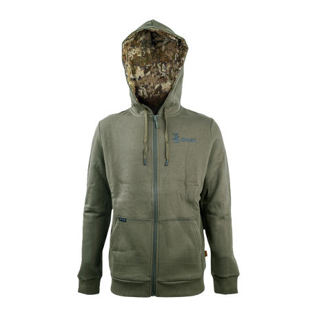 Spika GO Core olive zip-through hoodie for men, repeated front view with camo hood lining