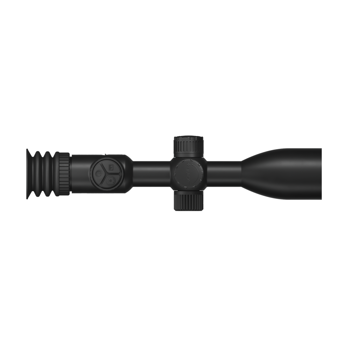 ThermTec IBEX 335L thermal tube scope in black, side profile of eyepiece, control dial and turret