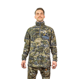 Man wearing the Spika Basecamp half-zip fleece jumper in Biarri Camo, front view on white