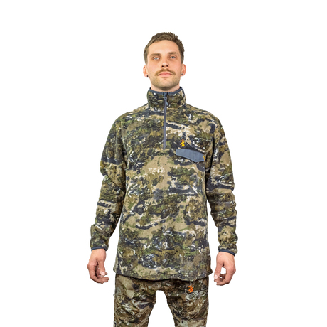 Man wearing the Spika Basecamp half-zip fleece jumper in Biarri Camo, front view on white