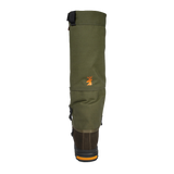 Spika Strike adult gaiter fitted over a boot, back view with orange stag logo