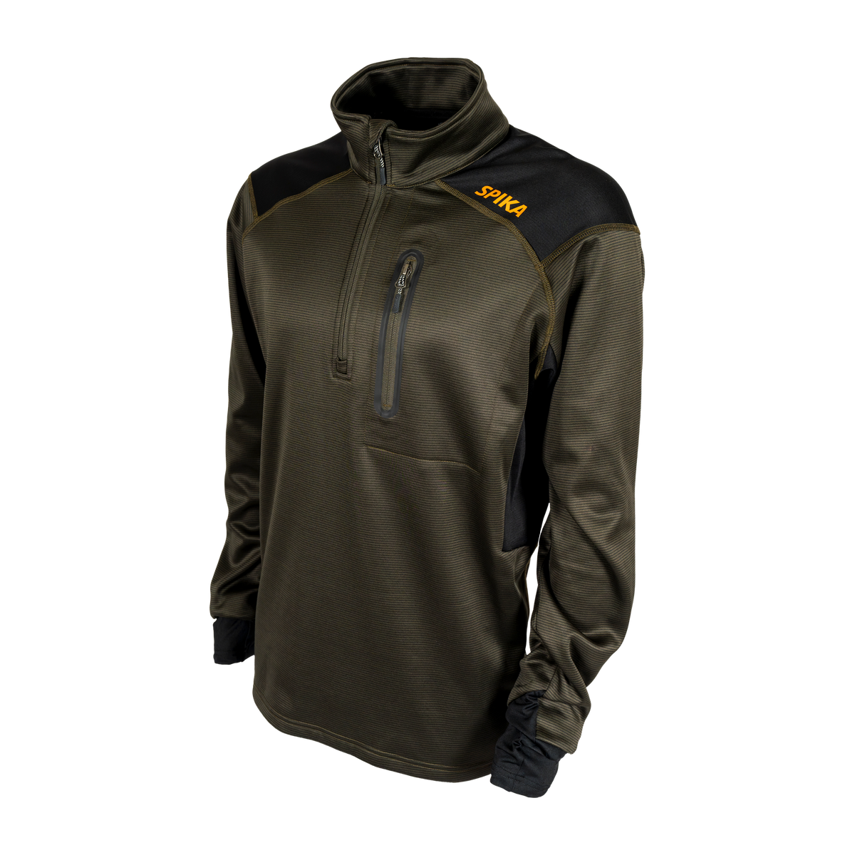 Spika Recoil men's performance top in Olive Summit, three-quarter view showing zip chest pocket