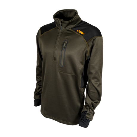 Spika Recoil men's performance top in Olive Summit, three-quarter view showing zip chest pocket
