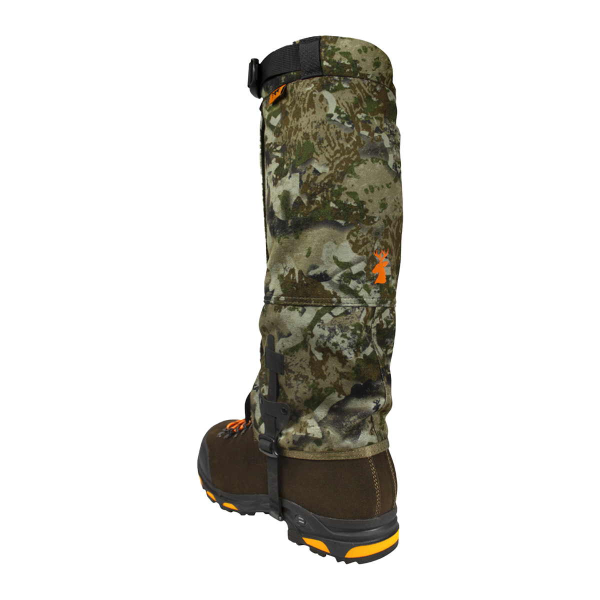 Spika Ranger adult gaiter in Biarri Camo on a hiking boot, rear view with top buckle strap