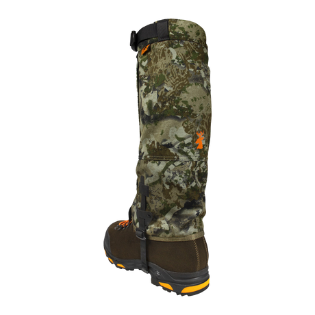 Spika Ranger adult gaiter in Biarri Camo on a hiking boot, rear view with top buckle strap